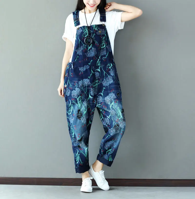 

Wide Leg Denim Overalls Women Baggy Printed Suspenders bib Cowboy pants Korean style Low Drop Crotch hole ripped jean Jumpsuits