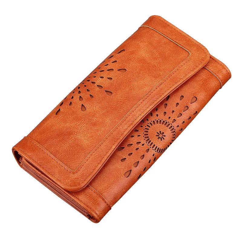 Women's Retro PU Leather Wallet Long Purse Hollow out Pattern Vintage Style Female Bags