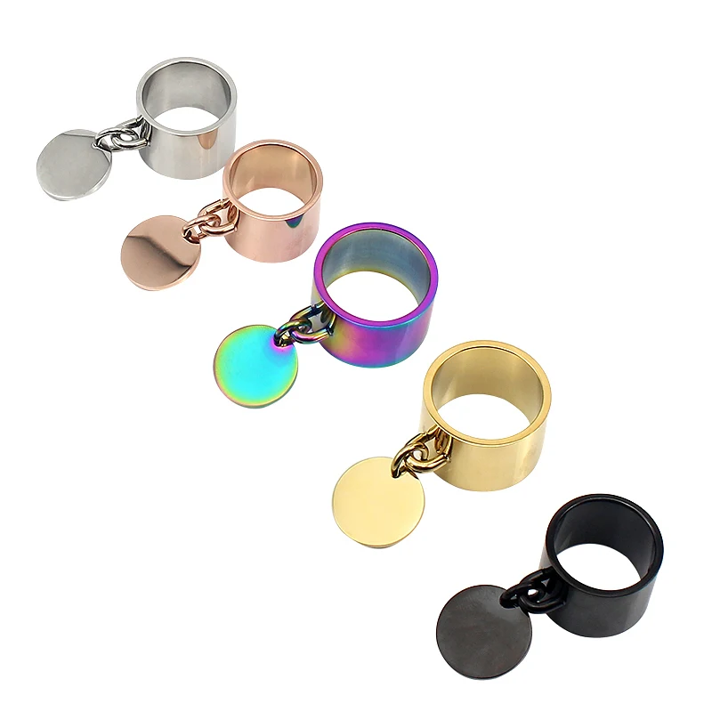 Luxury Rings Femme Engravable Round Tag Charm Fashion Jewelry 5 Colors 15MM Wide Stainless Steel Laser Logo/Name Ring