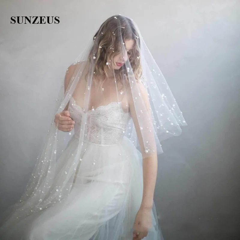 White Wedding Veils with Comb Pearls Cut Edge Two Layers Bridal Veil Middle Length gelin duvak SBV44