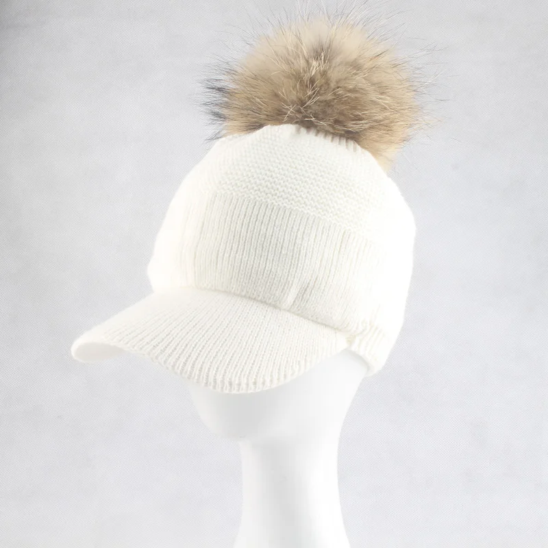 New Winter Fur Pompom Hat For Women Autumn Cotton Knitted Baseball Cap With Pompon Brand Visor Caps Ladies Skullies Beanies