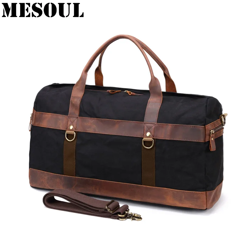 

Vintage Waterproof Big Men Travel Bags Canvas Leather Duffle Bag Male Tote Large Capacity Carry on Overnight Weekend Bag Luggage