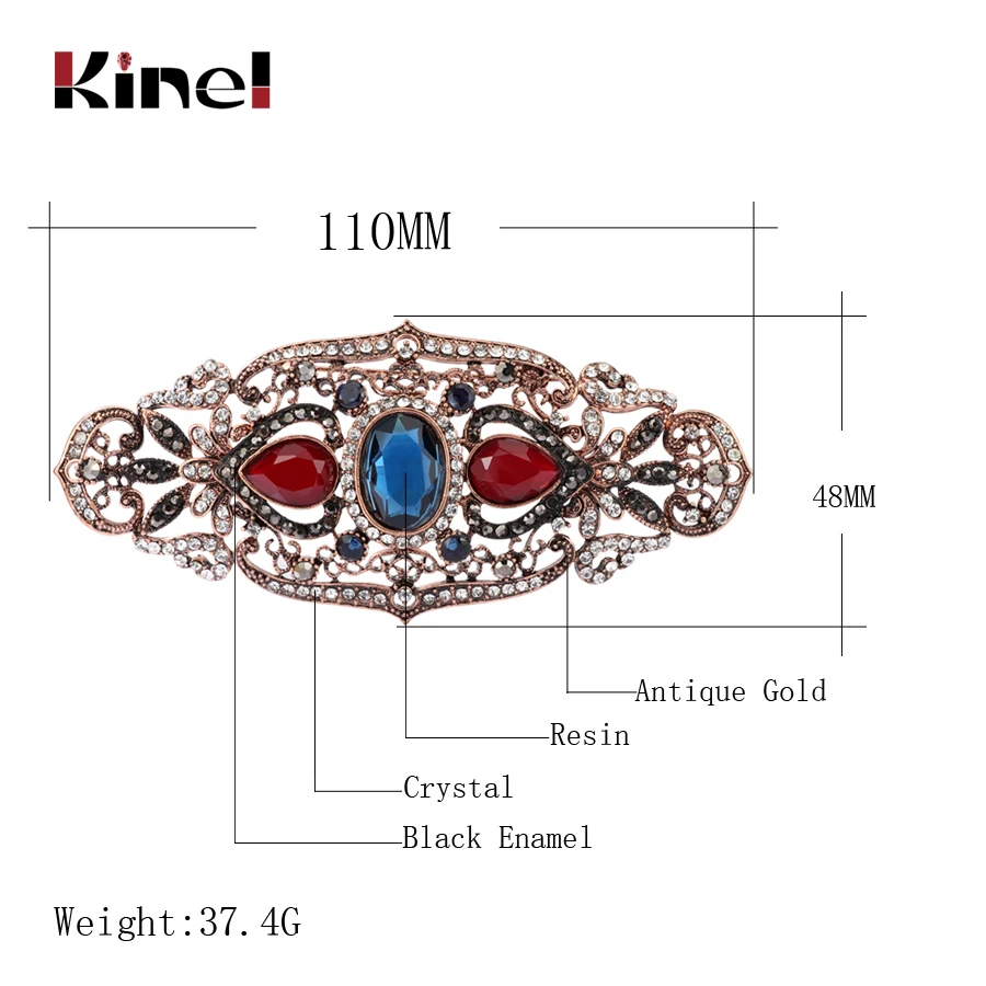 Kinel Big Size Women Brooch Ellipse Hollow Flower Cap Badge Hairpin Belt Pin Antique Gold Color Rhinestone Turkish Resin Jewelry