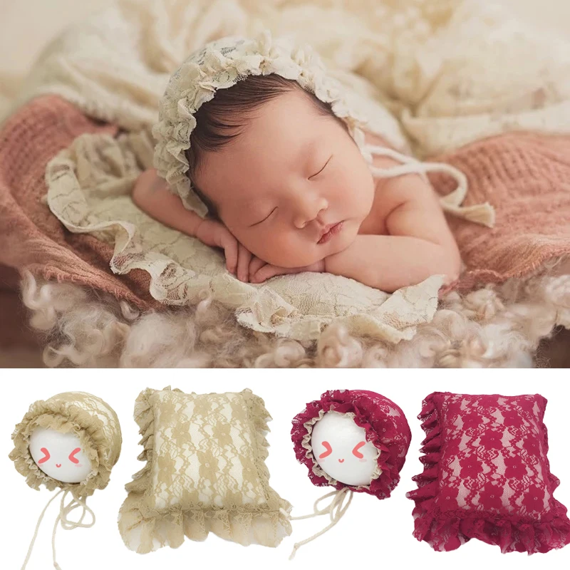 

Baby Photo Props Accessories Bebe Girl Lace Hat Posing Pillow 2pcs Set Newborn Infant Pictures Clothing Lace Pillow Beanie