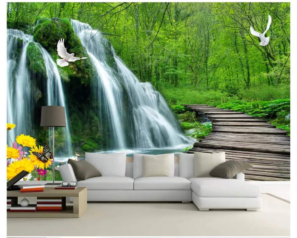 beibehang Custom fashion stereo wall paper waterfall wooden bridge 3D TV bedroom decorative painting background 3d wallpaper