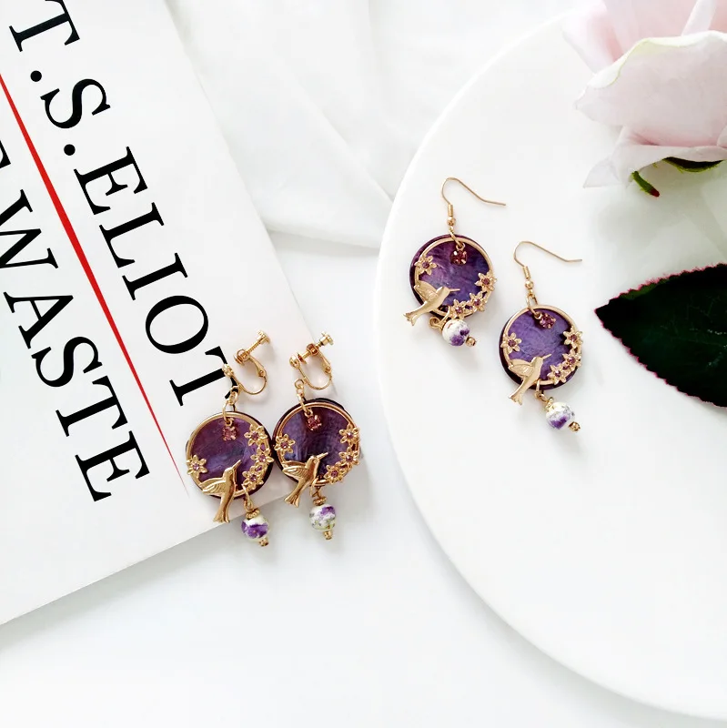 Vintage Purple Shell Beads Earrings Gold Color Round Circel Flower Birds Clip Earrings No Pierced Ear Clip For Lady Women Dating