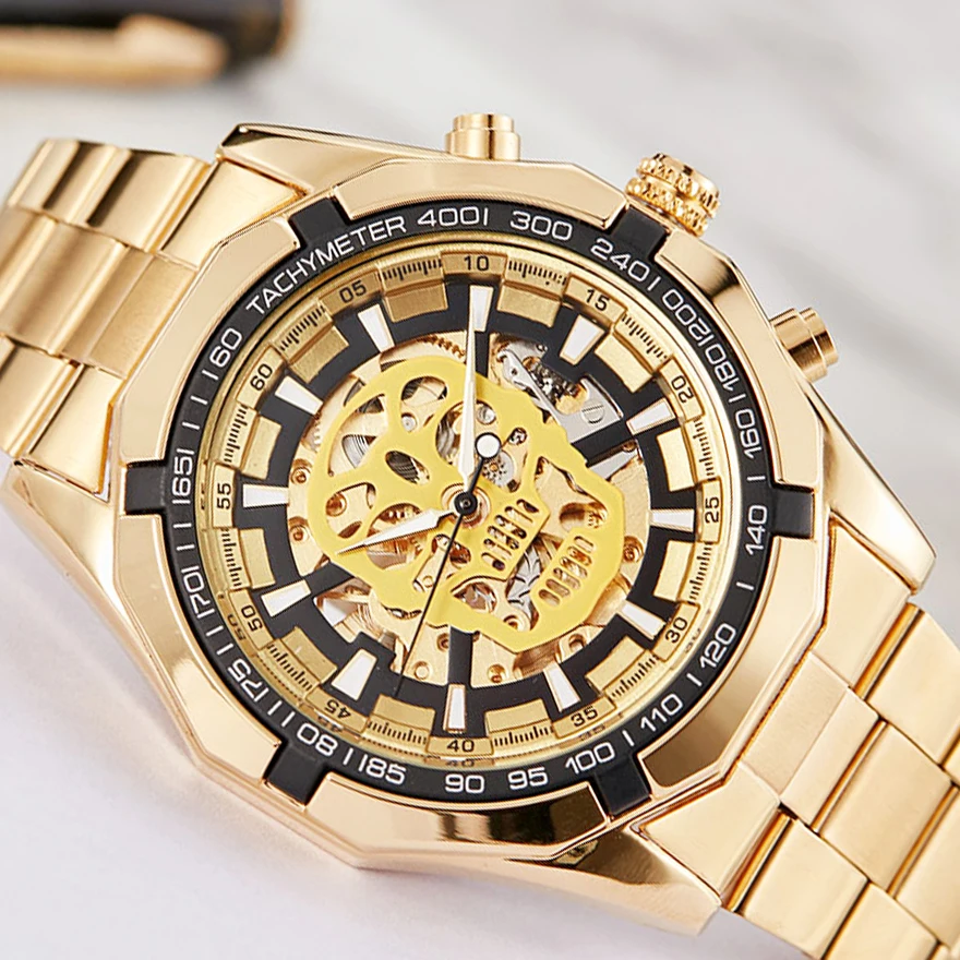 Luxury Gold Skull Automatic Mechanical Men Watch Skeleton Stainless Steel Self-wind Wrist Watch Men Big Clock relogio masculino