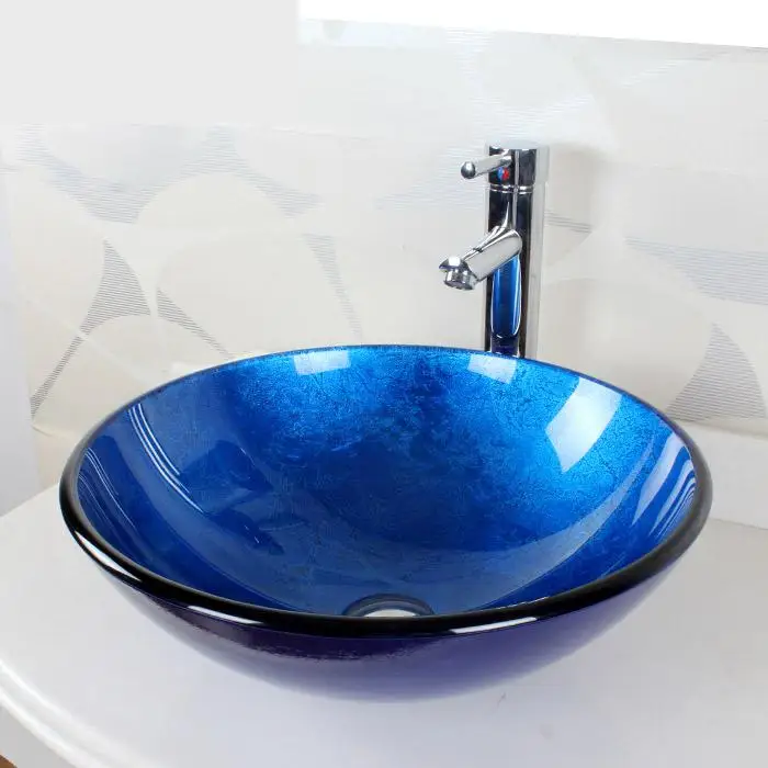 Art Basin Mediterranean Blue Bathroom Artistic Glass Vessel Sink with Chrome faucet tap +Pop Up Drain &Ring