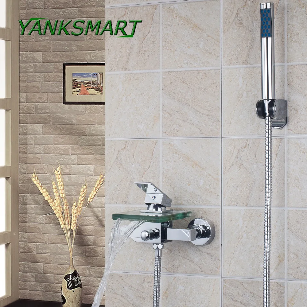 

YANKSMART Bath Shower Faucets Square Wall Mounted Waterfall Glass Spout Bathroom Handheld Shower Tap Mixer Bathtub Faucet