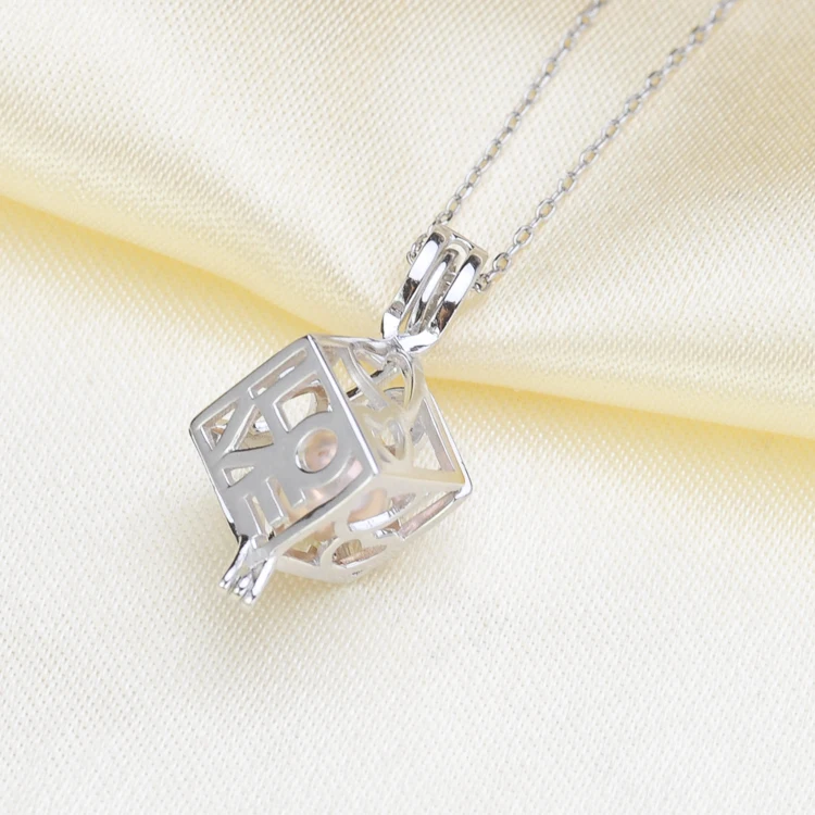 S925 Sterling Silver Hollow-carved Design Cube Love With Hearts Pearl Pendant Holder Women Pendant Jewelry Accessory 3Pcs/Lot