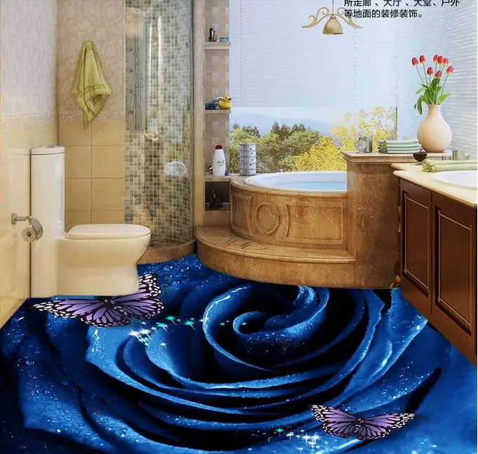 Customize papel de parede 3D Fooring Dewdrop blue rose double disc 3D Flooring Wallpapers Bathroom Photo Wallpaper