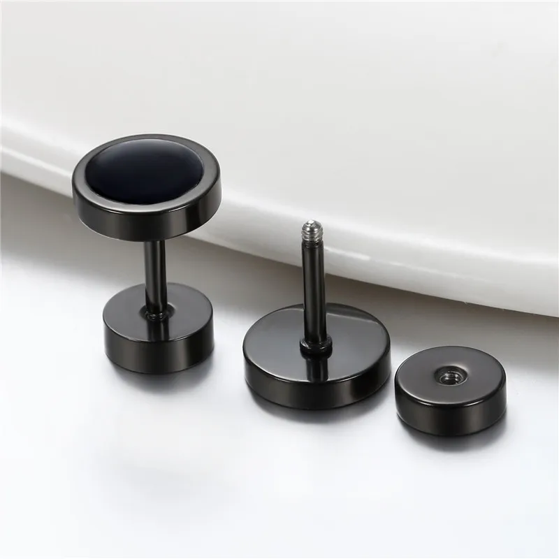 BONISKISS Handmade Round Black Stud Earring Stainless Steel Bar Double Side Barbell Dumbbell Gothic Earring for Women Men