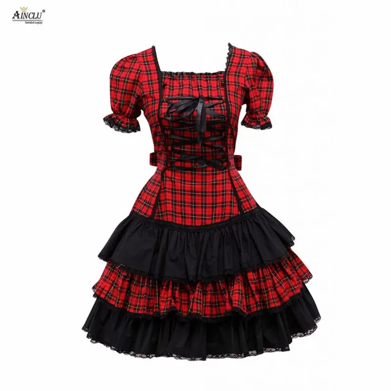 

Ainclu Cemavin Womens Red Lace Lacy Square Neck Short Sleeves Cotton Sweet Sexy A-line Lolita One-Piece/Dress Free Shipping