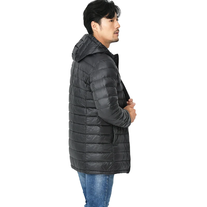 Casaco meio longo com capuz masculino 90% Duck Down Parkas, ultra leve, cor sólida, corta-roupas com zíper, casaco de outono e inverno