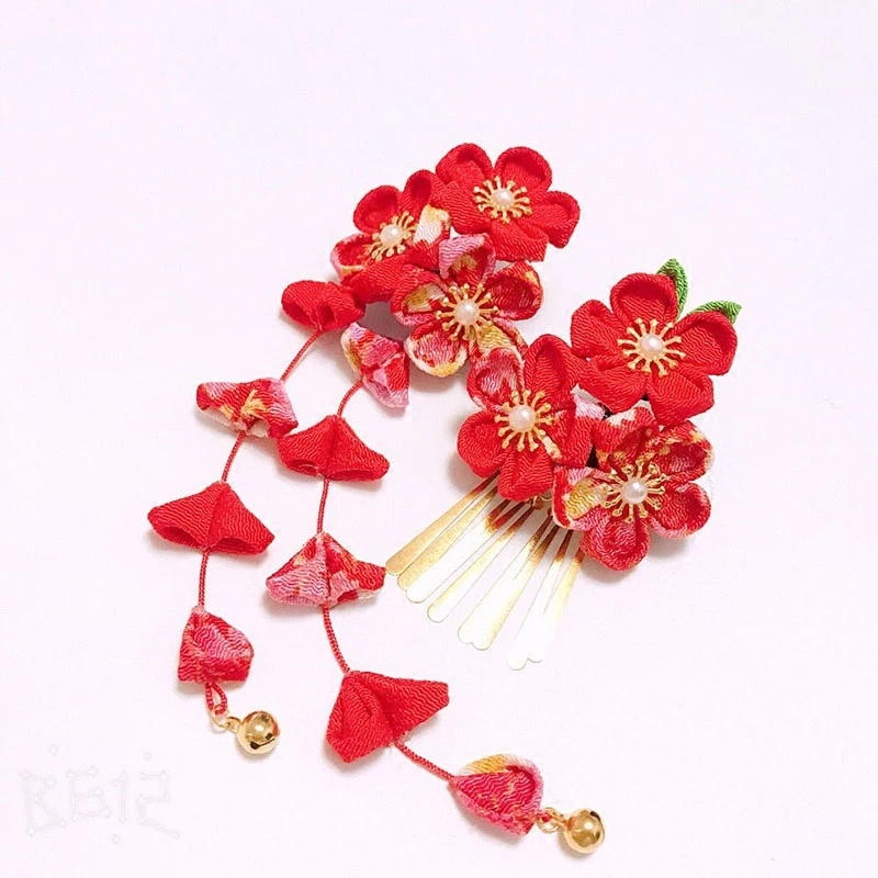 Japanese and wind crepe hair hairpin kimono fringed edge clip costume fret Dan female flower