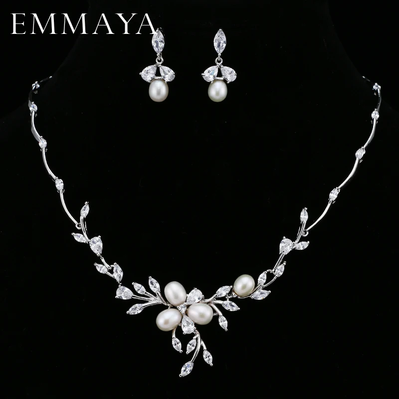 EMMAYA Luxury Freshwater Pearl Bridal Jewelry Sets Silver-Color Earring Necklace Set Wedding Jewelry Parure Bijoux Femme