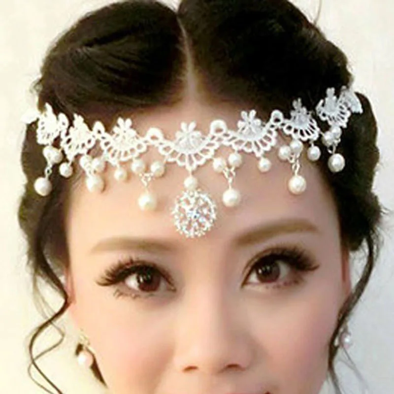 Elegant Pearl Wedding Head Chain Forehead Hair Jewelry Crystal Women Hair Band Lace Floral Bridal Headpiece For Marriage