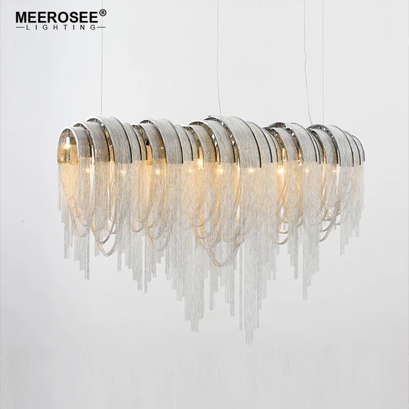 

Meerosee Modern Aluminum Chain Chandelier Lighting Comtenporary Silver Pendant Hanging Lamp Lustre for Hotel Project Home