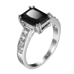 Genuine Sterling Silver Color Ring With Black Cubic Zirconia For Women With Stamp Wedding Diamante Jewelry Size 6-7-8-9-10