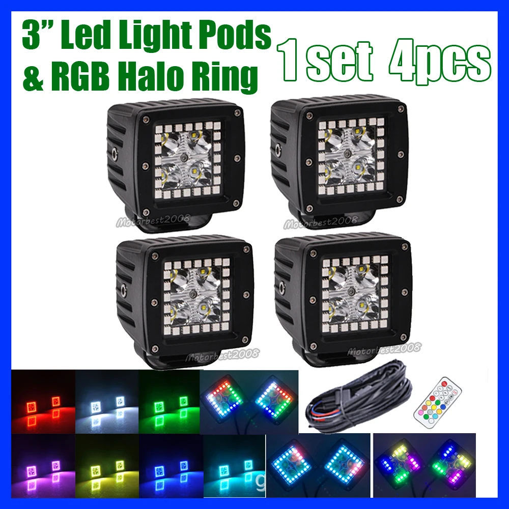 

Pack 4 16W Led Work Light Bar 3" Pod Cubes with RGB Halo Ring 12 Solid Color over 72 Chasing Flash Modes Offroad ATV SUV 12V DC