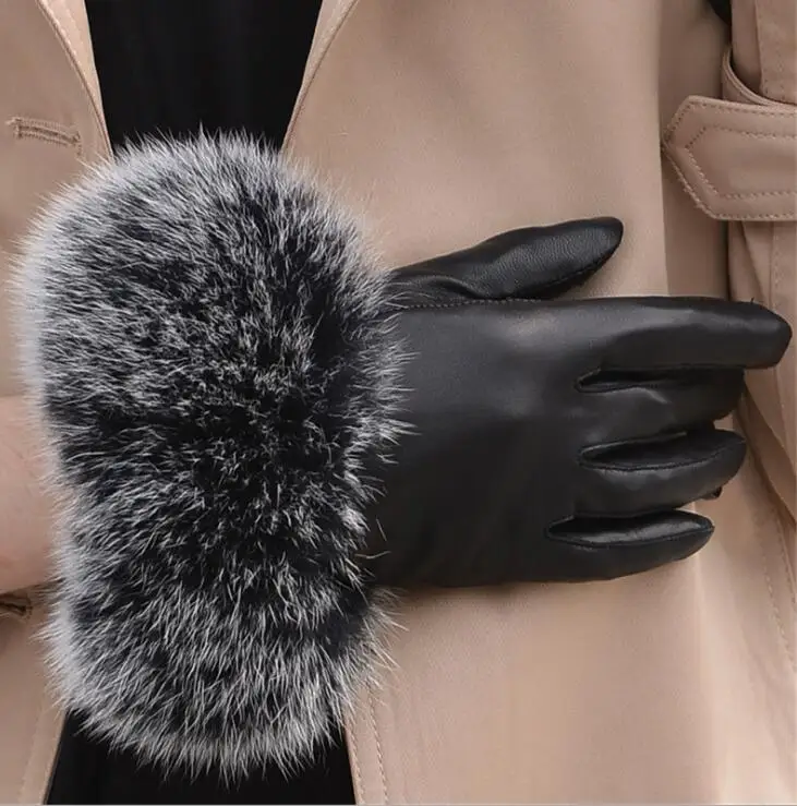 Women's autumn and winter thicken fleece lining glove lady's natural fox fur glove genuine leather driving glove R282