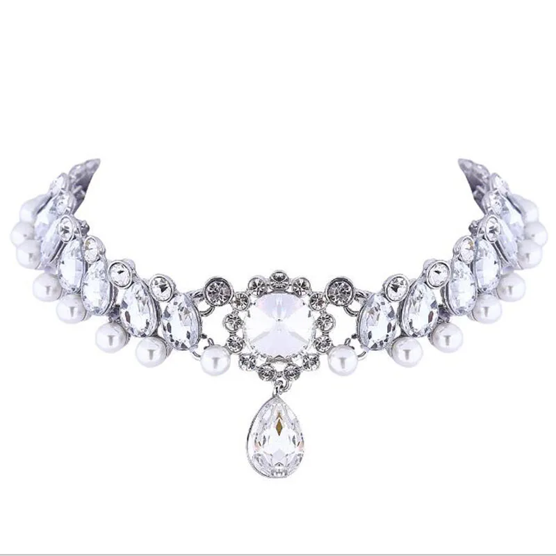 Luxury Crystal Imitation Pearls Choker Necklace For Bridal Elegant Rhinestone Alloy Statement Collar Choker Fashion Jewelry