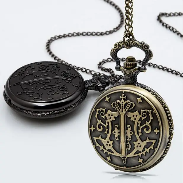 Wholesale 10 PCS/lot Bronze black Black Butler Flip clock Fashion quartz pendant Necklace pocket watches gift