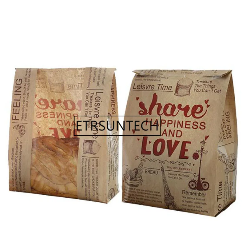 1000pcs Kraft Bread Paper Bag With Window Avoid Oil Love Toast Baking Paper Bag Takeaway Food Hand Made Package Bags