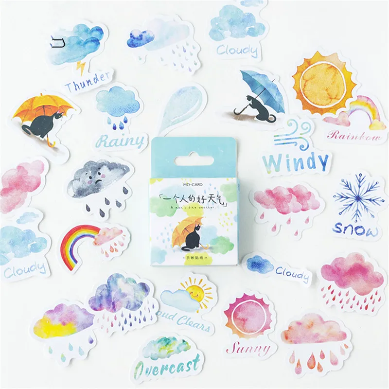 Autocollants en papier Kawaii, étiquette scrapbooking, météo d'une personne, décoration de journal intime, sceau de compte à main, bricolage, 46 pièces/boîte