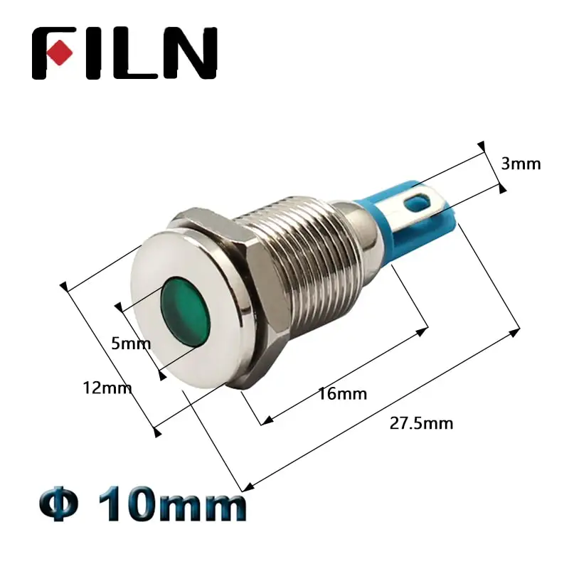 FILN 0.39 Inch 10mm LED Metal LED Indicator Light Pilot Lamp Signal Lamp 12V 24V Car Boat Red Green Blue Amber LED Indicator