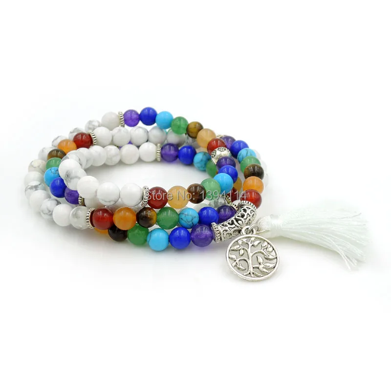 Balance Combination Of White Howlite And Chakela Stone Elasticated Beaded Bracelet Tree Life Accessory With Tassel