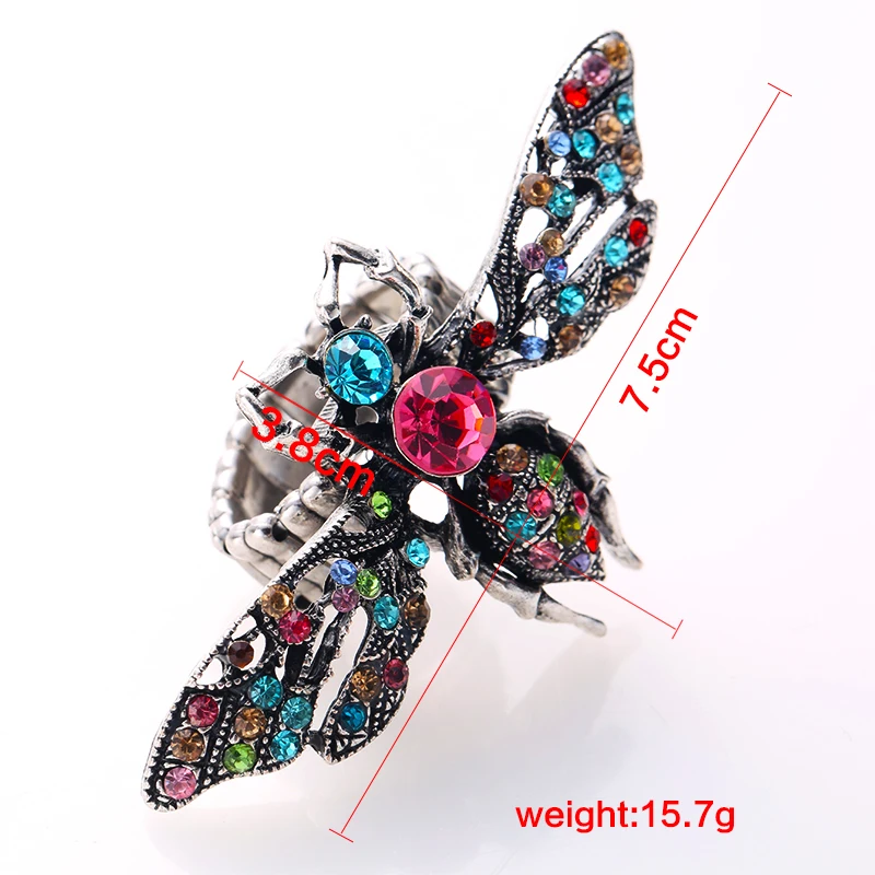 Colorful Crystal Stone Inlaid Anti Gold Color Metal Bee Rings Elastic Adjustable Finger Ring Fashion Women Party Jewelry