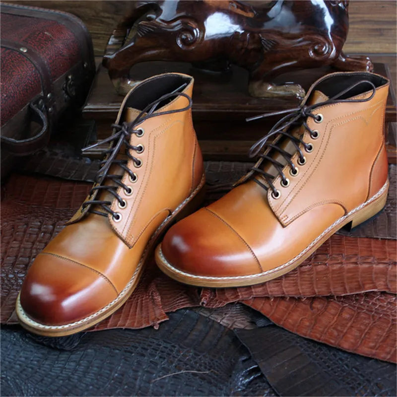 MALONEDE Bespoke Brown Color Round Toe Handmade Goodyear Lace up Men's Casual Ankle Boots Genuine Leather Drop shipping