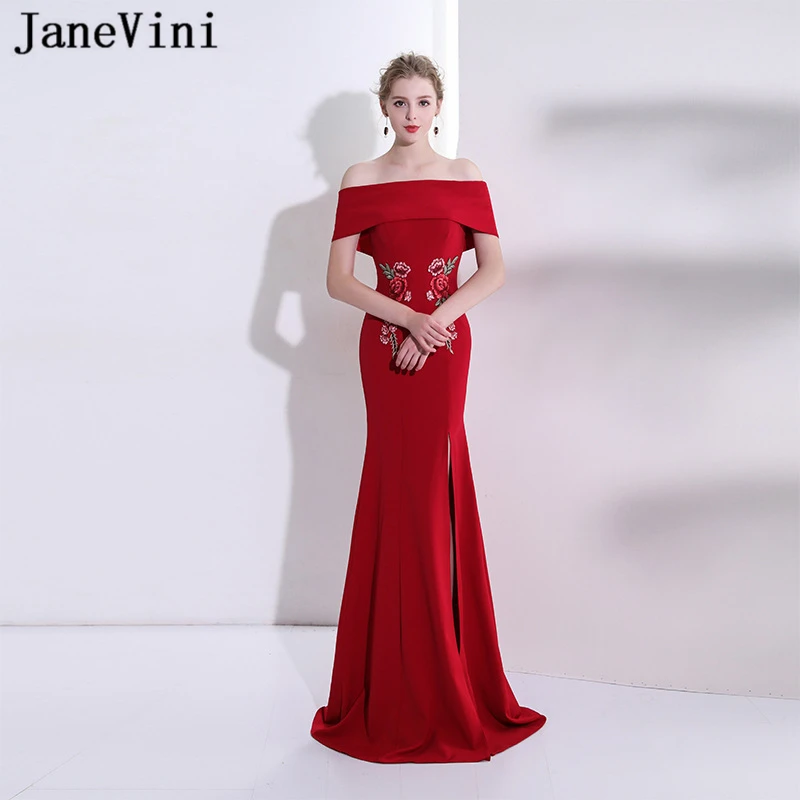 

JaneVini Elegant Burgundy Prom Dresses with Embroidery Flowers 2019 Off Shoulder Mermaid Side Split Sweep Train Satin Prom Dress