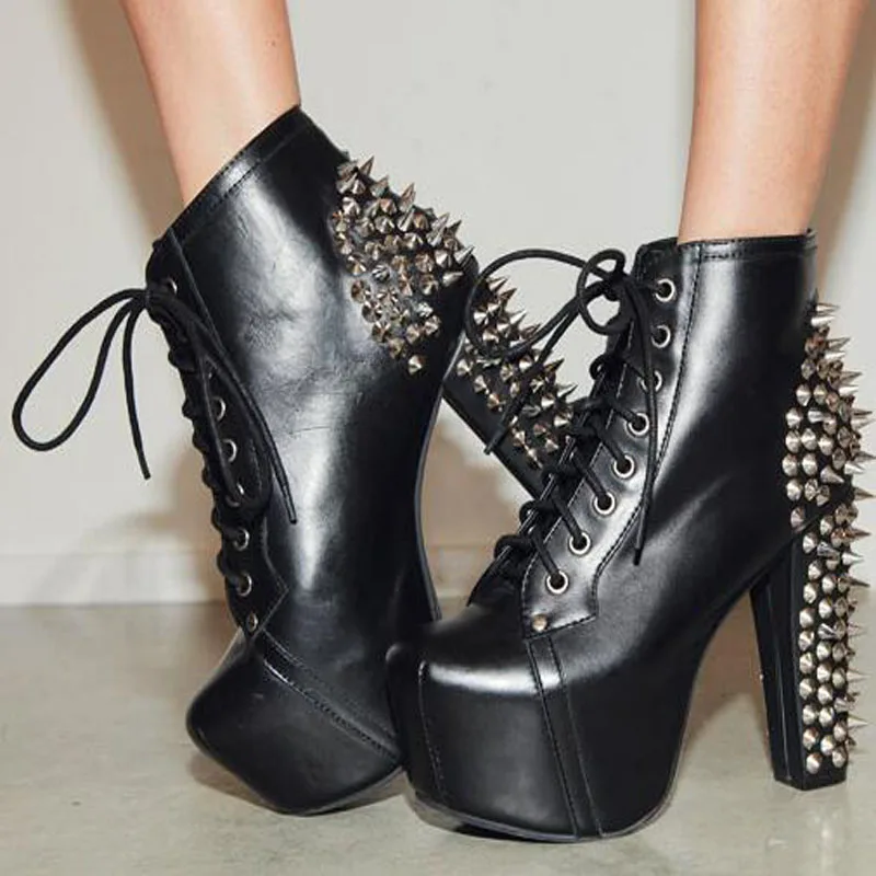 Sexy Punk Women Spiky Metal Rivets Studs Chunky High Heel Ankle Boots Platform Ladies Stage Spikes Cover Lace up Short Bottines