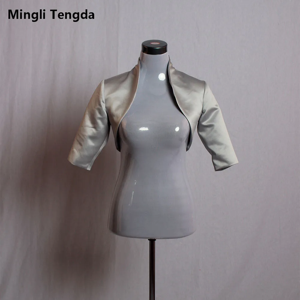 Zilver/Grijs Satin Wedding Bolero/Tippet/Shrug/Bruids Jas/Stola/Wrap Half Mouwen Gevoerd custom Made Mingli Tengda Cape Mantel