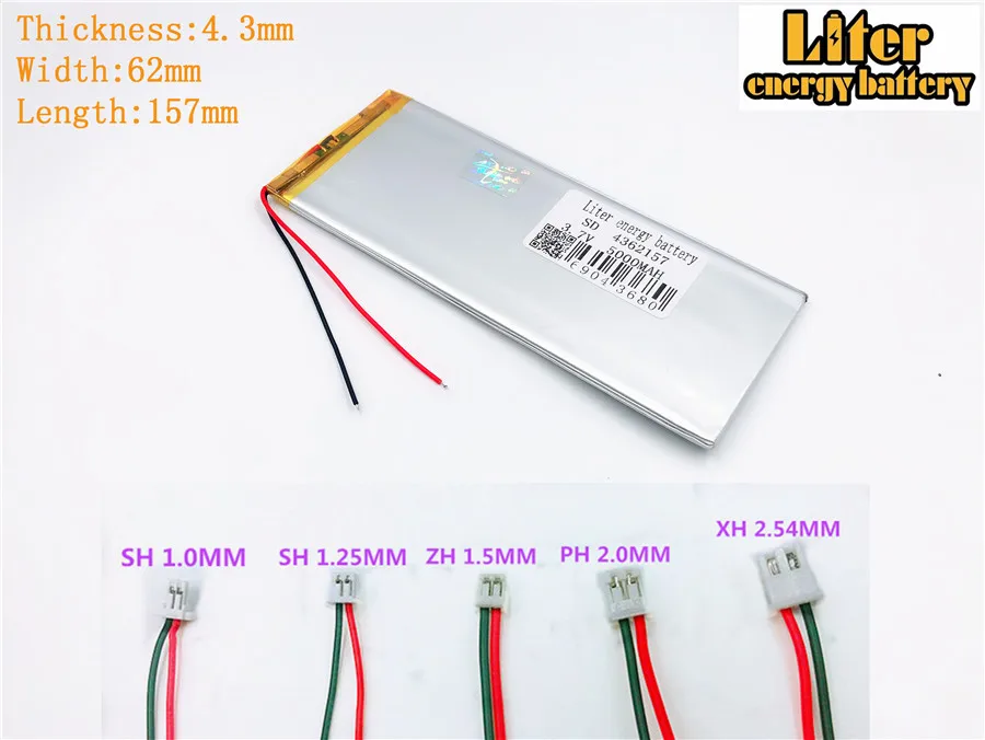 tablet battery 4362157 3.7V 5000MAH FOR polymer rechargeable battery  3.7V 4362157 PLUG Lithium polymer battery