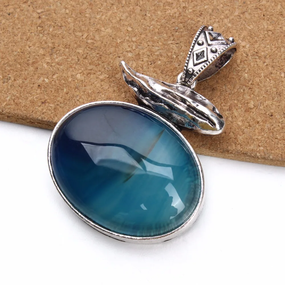 Lacoogh Wholesale Retro Blue Striped Natural Stone Antique 42*61mm Necklaces Pendants for Women Men DIY Crafts Jewelry Findings