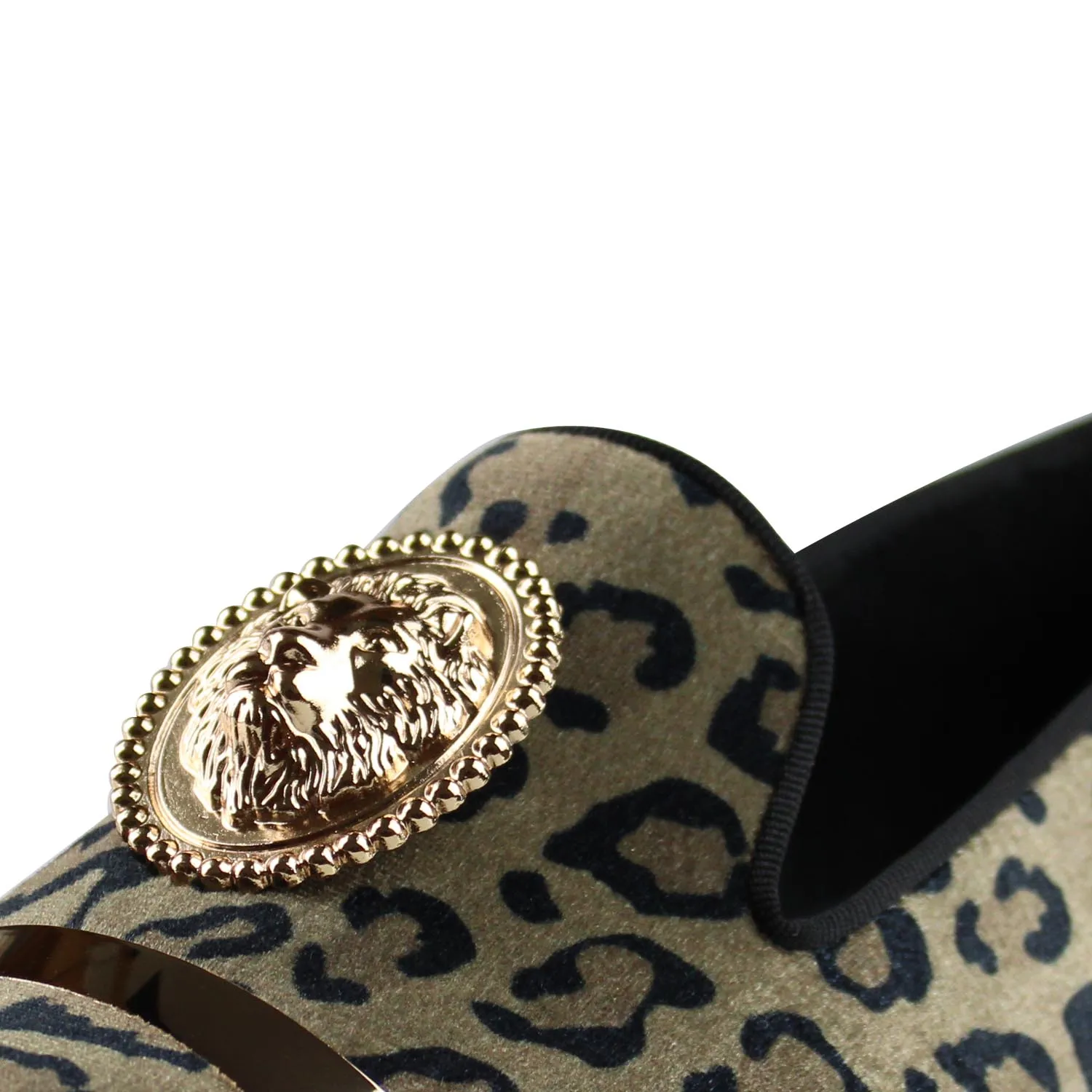 Harpelunde Men Leopard Prints Formal Dress Shoes Lion Emblem Velvet Loafer Gold Plate Flats