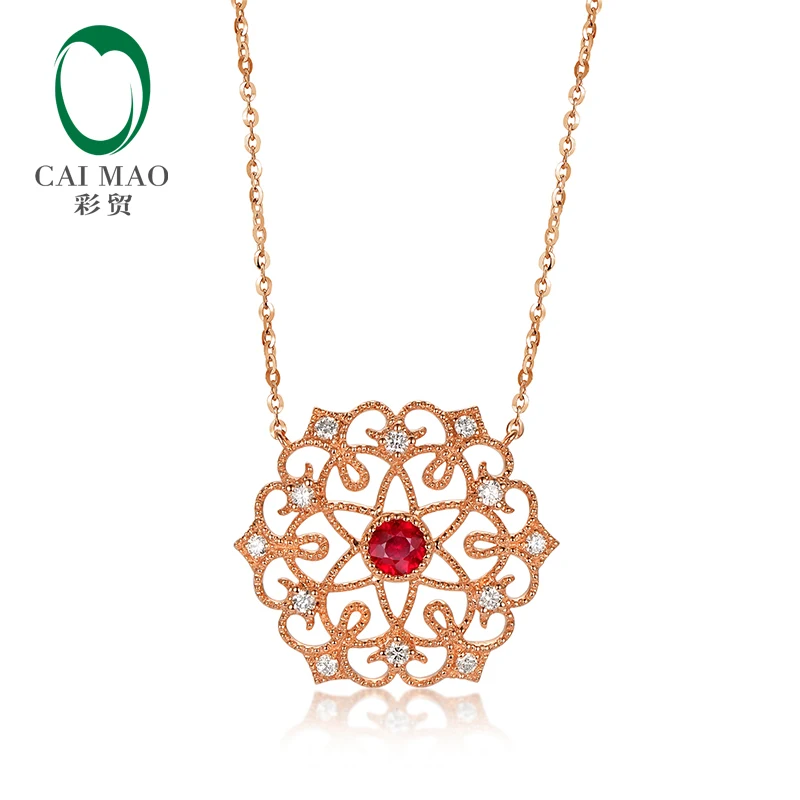 Caimao Vintage Jewels Natural Red Ruby Diamonds Pendant 14k Rose Gold Exquisite Chain Milgrain Bezel