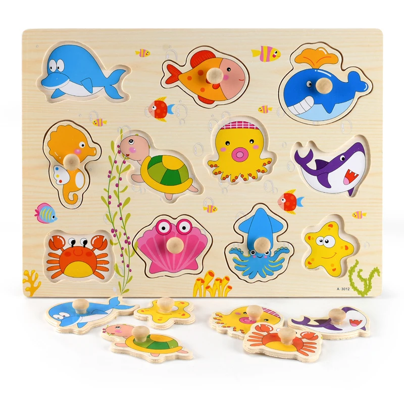 Rompecabezas de madera 3D para niños, tablero de agarre manual, vehículo, animales, frutas, cognición, Tangram, juguetes educativos Montessori