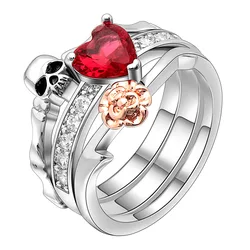 Gothic Skull Finger Silver Color Wedding Rings Set for Women Girl Red Heart Crystal CZ Rose Flower Trendy Jewelry Gift Rings