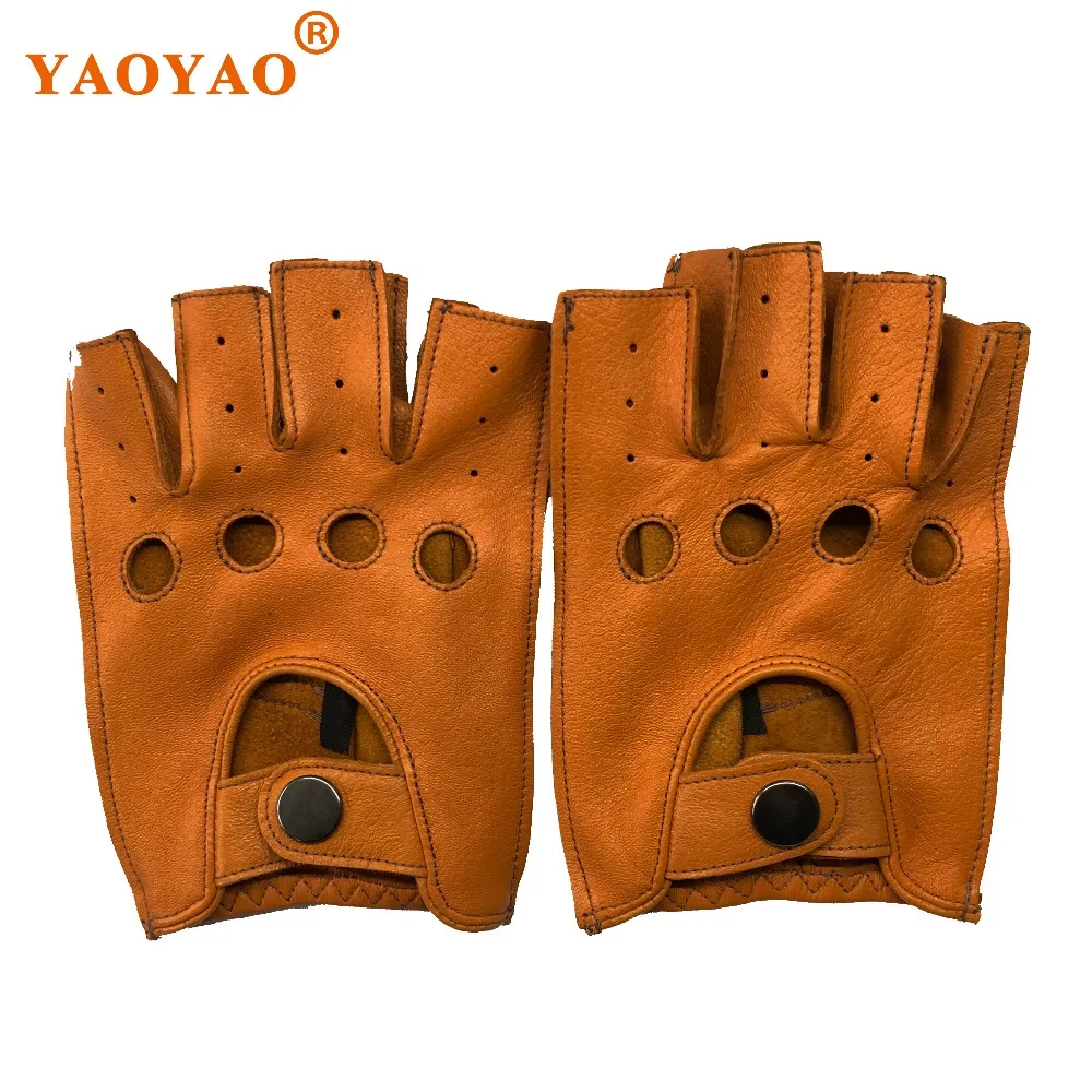 Men Winter Genuine Leather Fingerless Thin Short Gloves Male Stylish Fitness Locomotive Luvas Black/Yellow/Brown Suede Eldiven