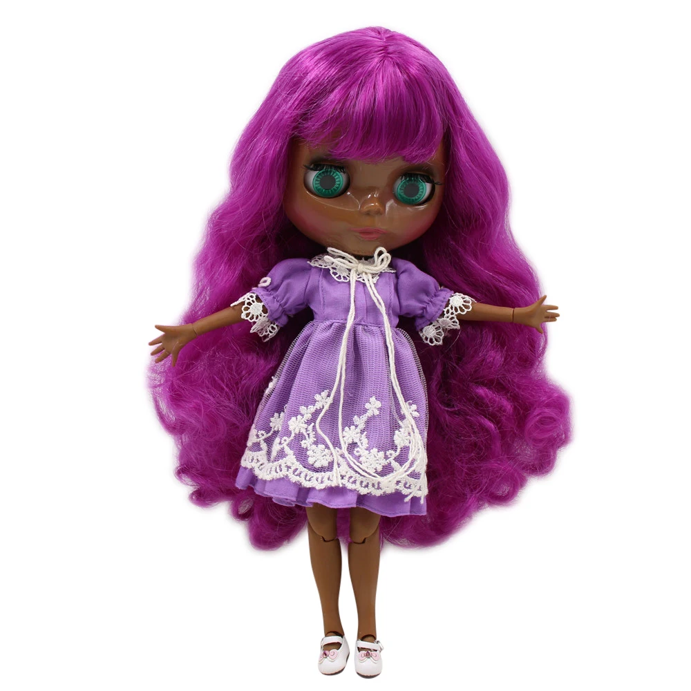 ICY DBS Blyth doll 1/6 30cm bjd super black dark skin joint body dark Purple hair with curly hair.No.280BL732