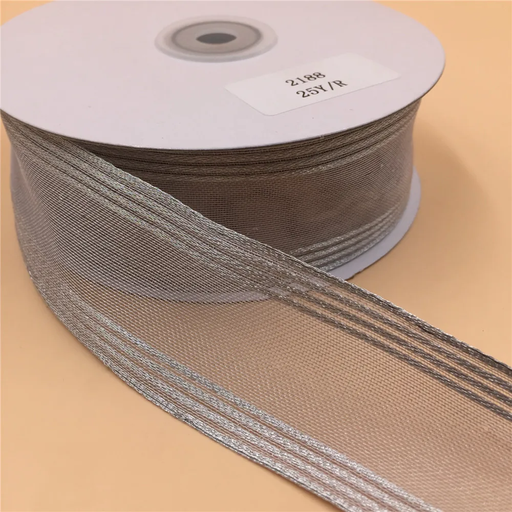 

1 1/2 Inch X 25yards Wired Silver Metallic Ribbon with Satin Stripes Edged for Gift Wrapping Decoration N2188