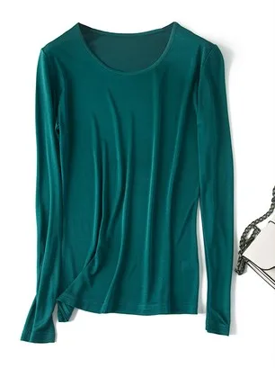 Silky silk 100/100 base style pure color low neck long sleeve double-sided knit sweater T-shirt