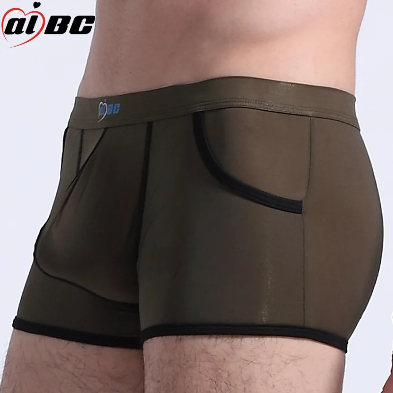 AIBC Big Penis Puch Sexy Underwear Men Boxer Shorts Bulge Novelty Pockets Ice Silk Boxers Men Underpants Transparent Panties