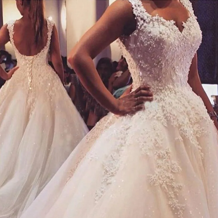 Vestido de noiva branco marfim com pérolas e tule, do tamanho da cliente, para casamento, damas de honra, 2018