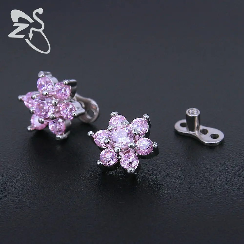 Cute White Pink Blue Flower Crystal Dermal Anchor Piercings Stainless Steel Skin Diver Tops Dermal Piercing Hide in Skin Jewelry