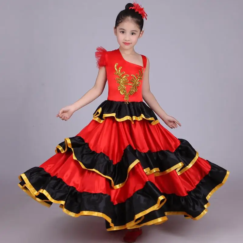 Satin Soft Red Black Teenager Girls Spanish Flamenco Skirt Striped Bling Ballroom Stage Wear Performance Dress